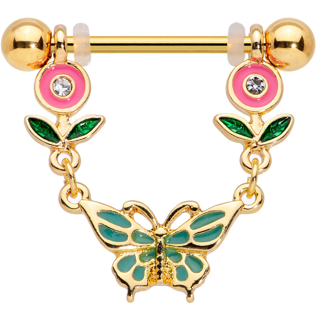 14G 9/16 Clear Gem Gold Tone Butterfly Flower Nipple Ring Set