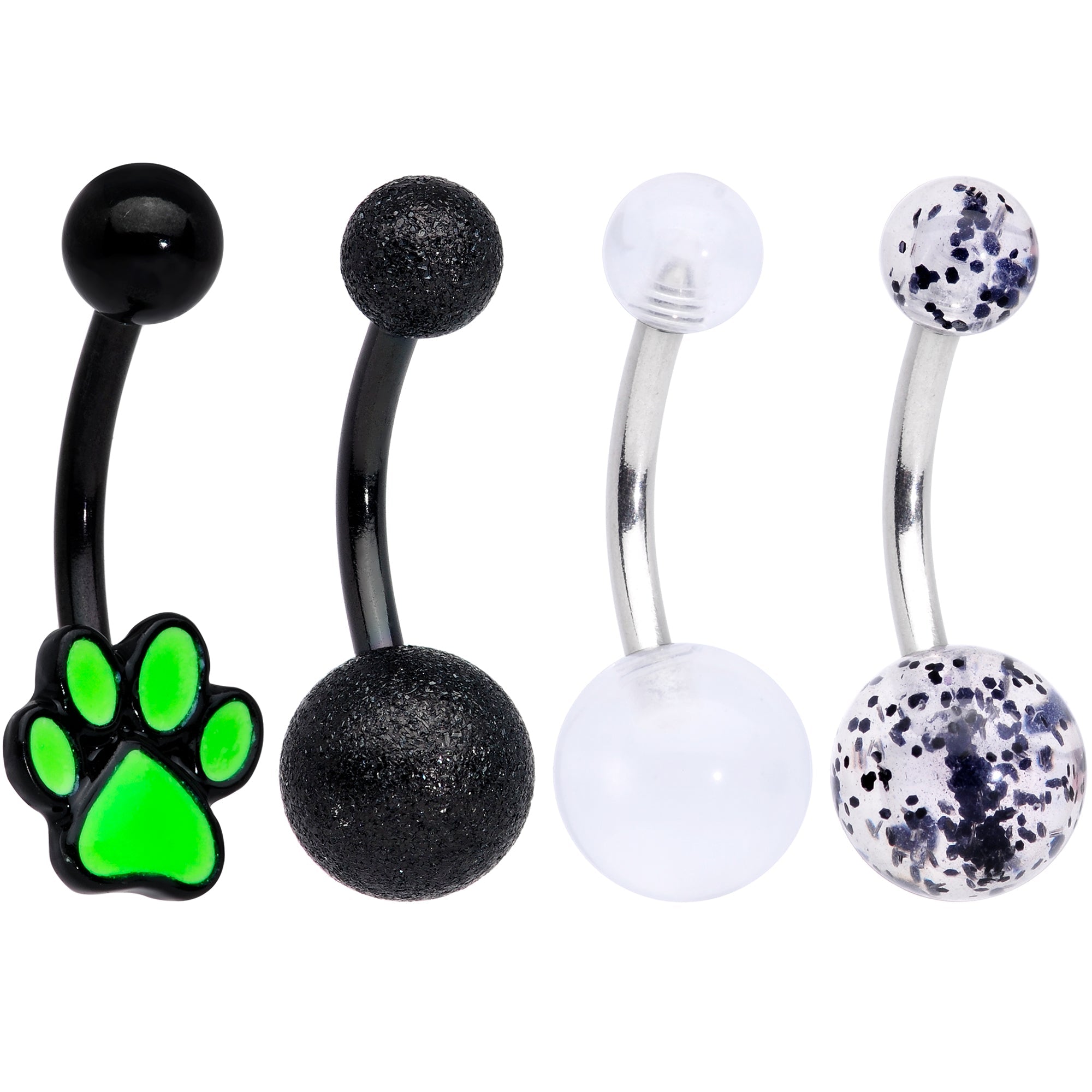 Black Clear Glitter Glow UV Glow Paw Belly Ring Set of 4