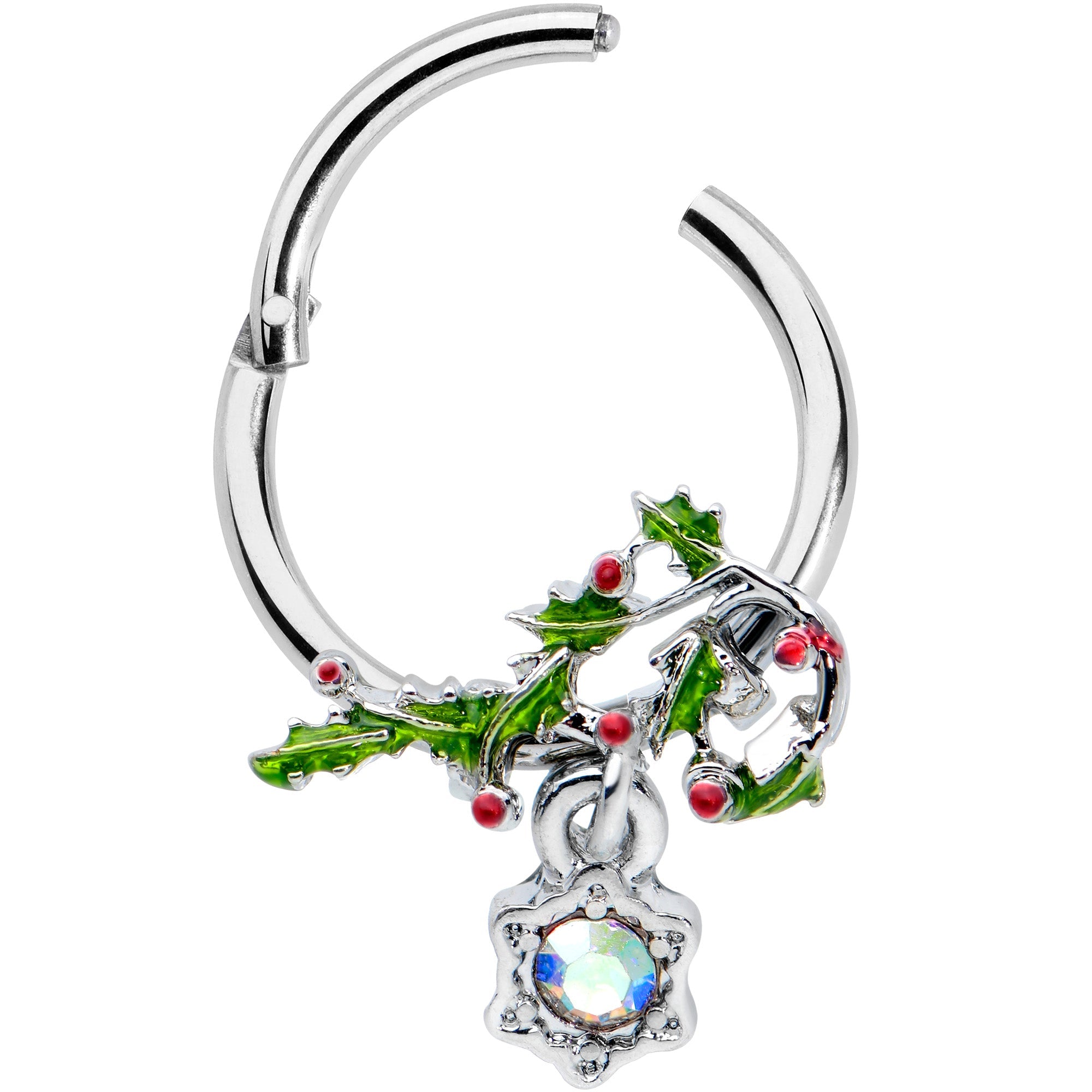 16G 3/8 Aurora CZ Candy Cane Holly Christmas Hinged Segment Ring