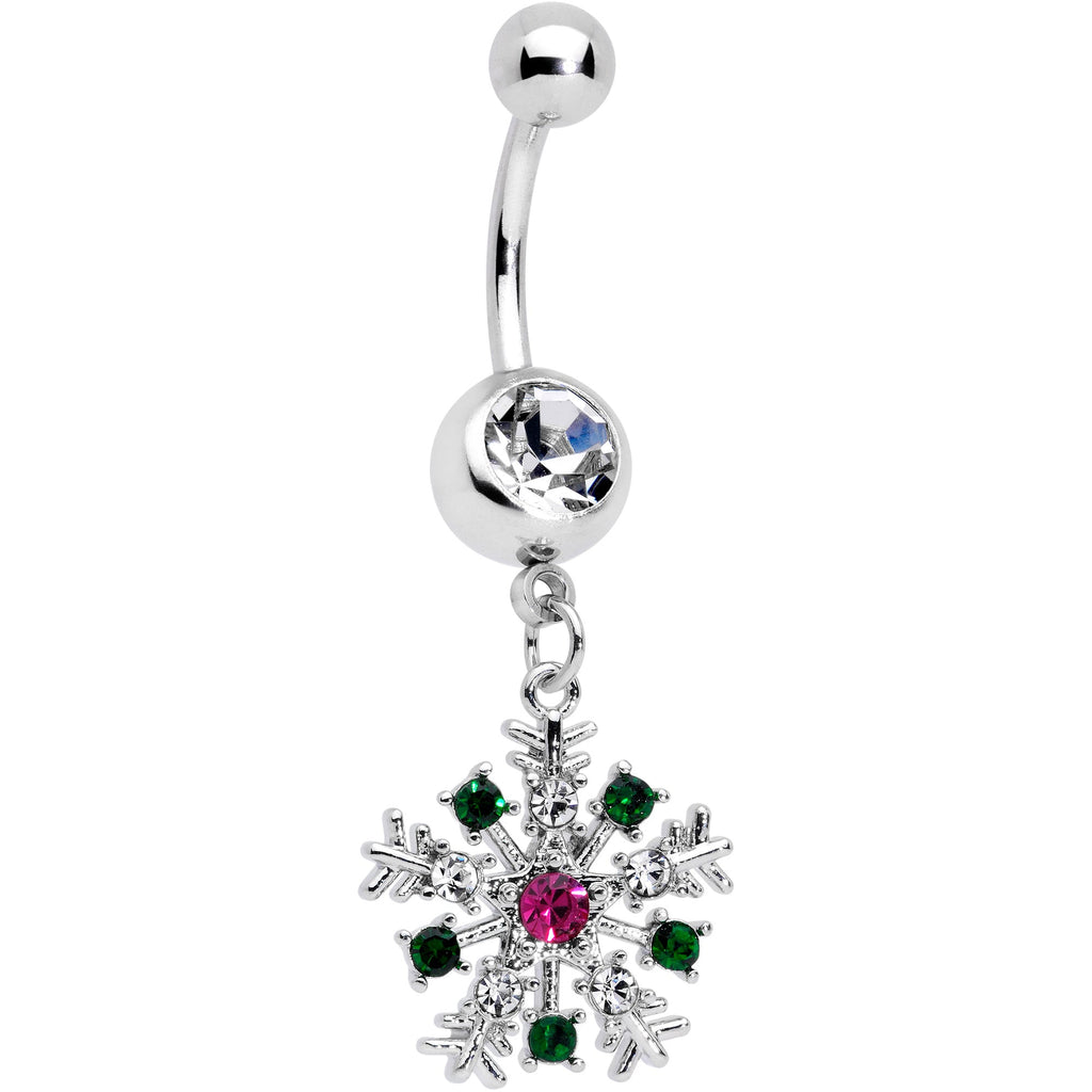 Clear Pink Green Gem Snowflake Holiday Dangle Belly Ring