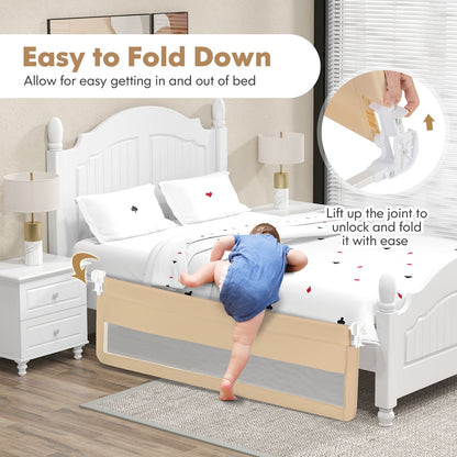 71 Inch Extra Long Swing Down Bed Guardrail with Safety Straps-Beige