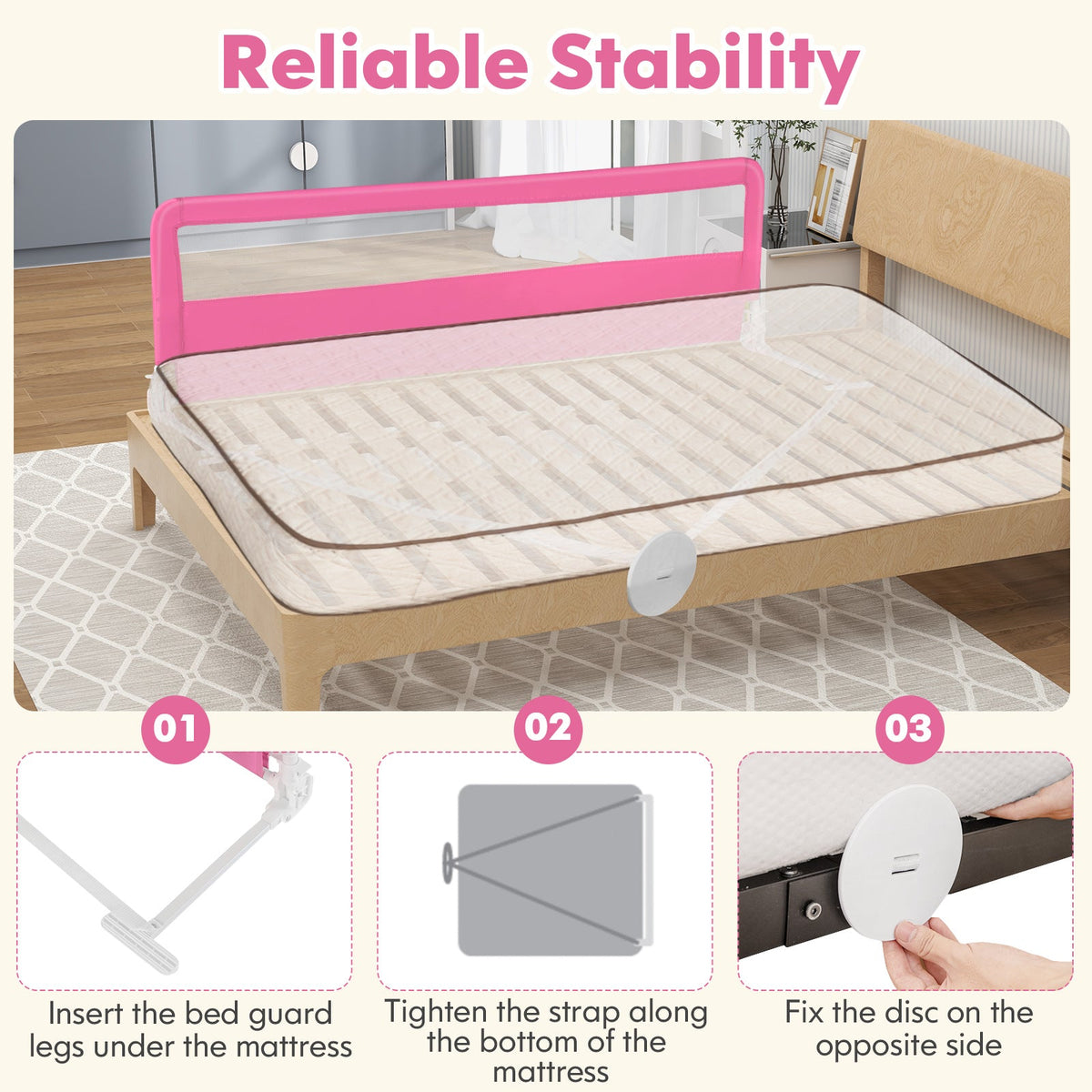 71 Inch Extra Long Swing Down Bed Guardrail with Safety Straps-Pink