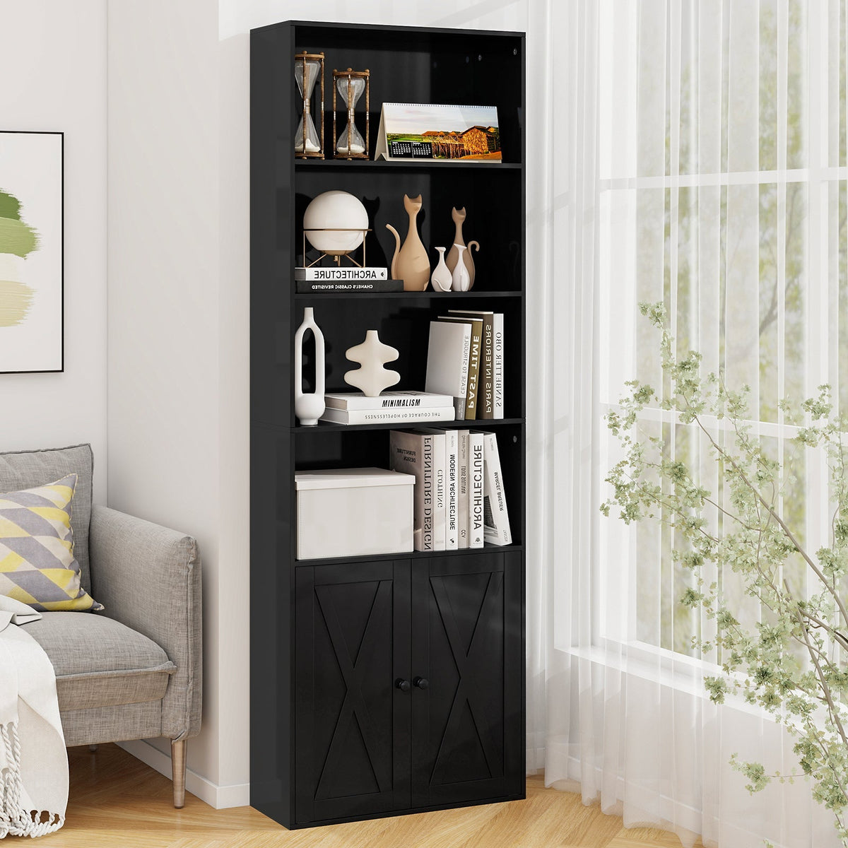 71 Inch Freestanding Bookshelf with 6 Shelves and 2-Door Cabinet
