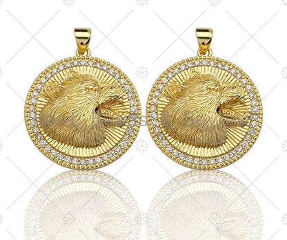 18K Gold Embossment Wolf Head On Round Coin Shape Pendant, Round Charm, Animal Pave Pendant, Gold plated, 25mm, Sku#LK60