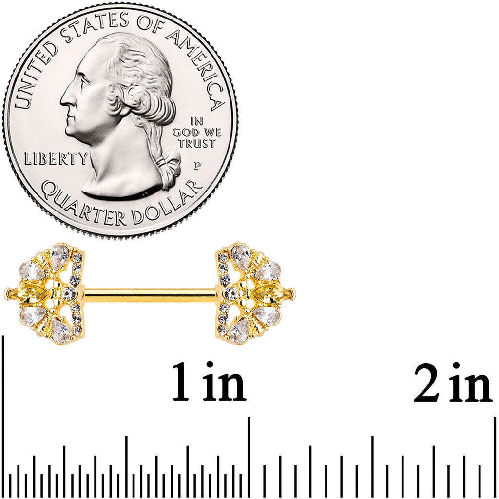 14G 9/16 Clear CZ Gem Gold Tone Lavish Crown Nipple Ring Set