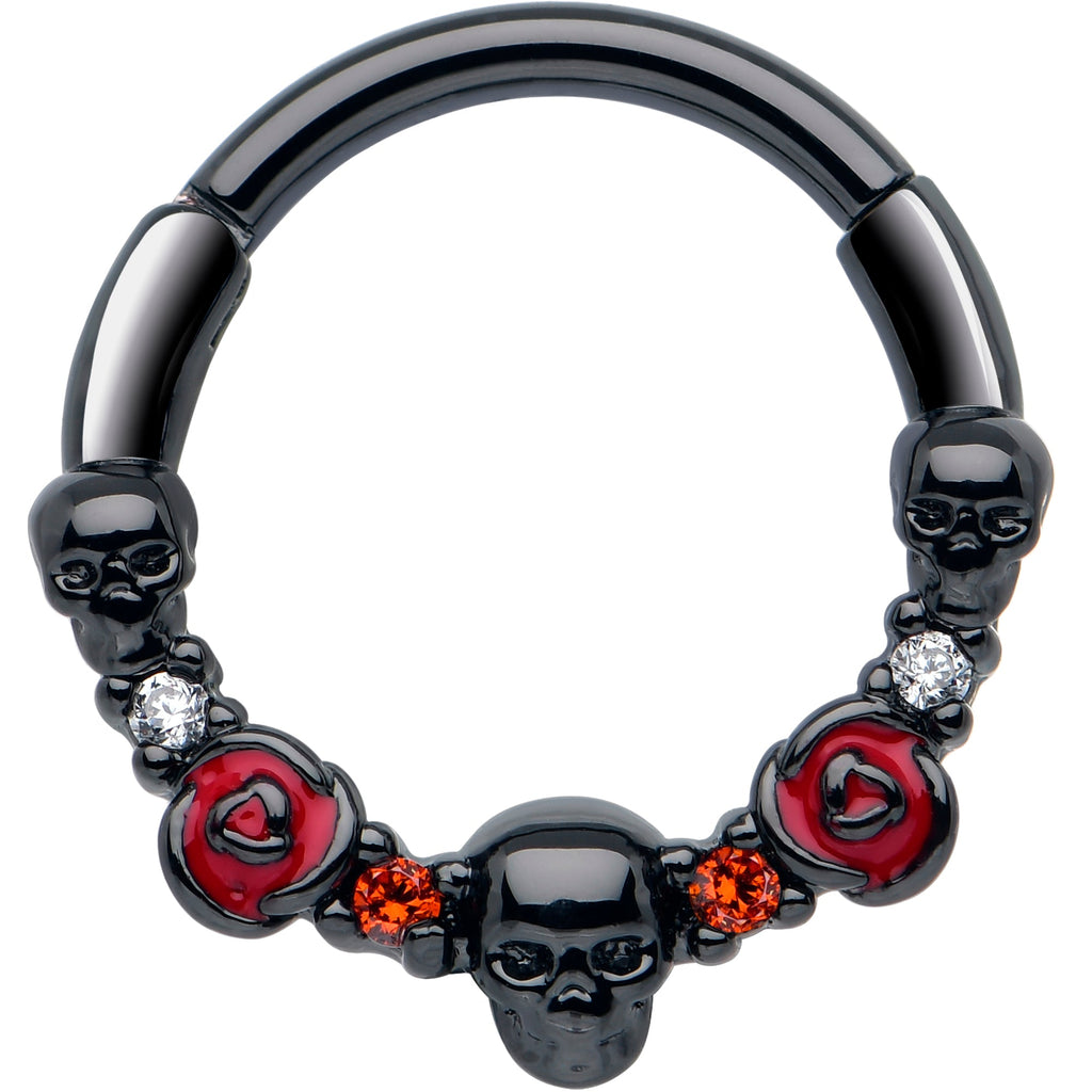 16G 3/8 Red Clear CZ Gem Black Skull Halloween Hinged Segment Ring