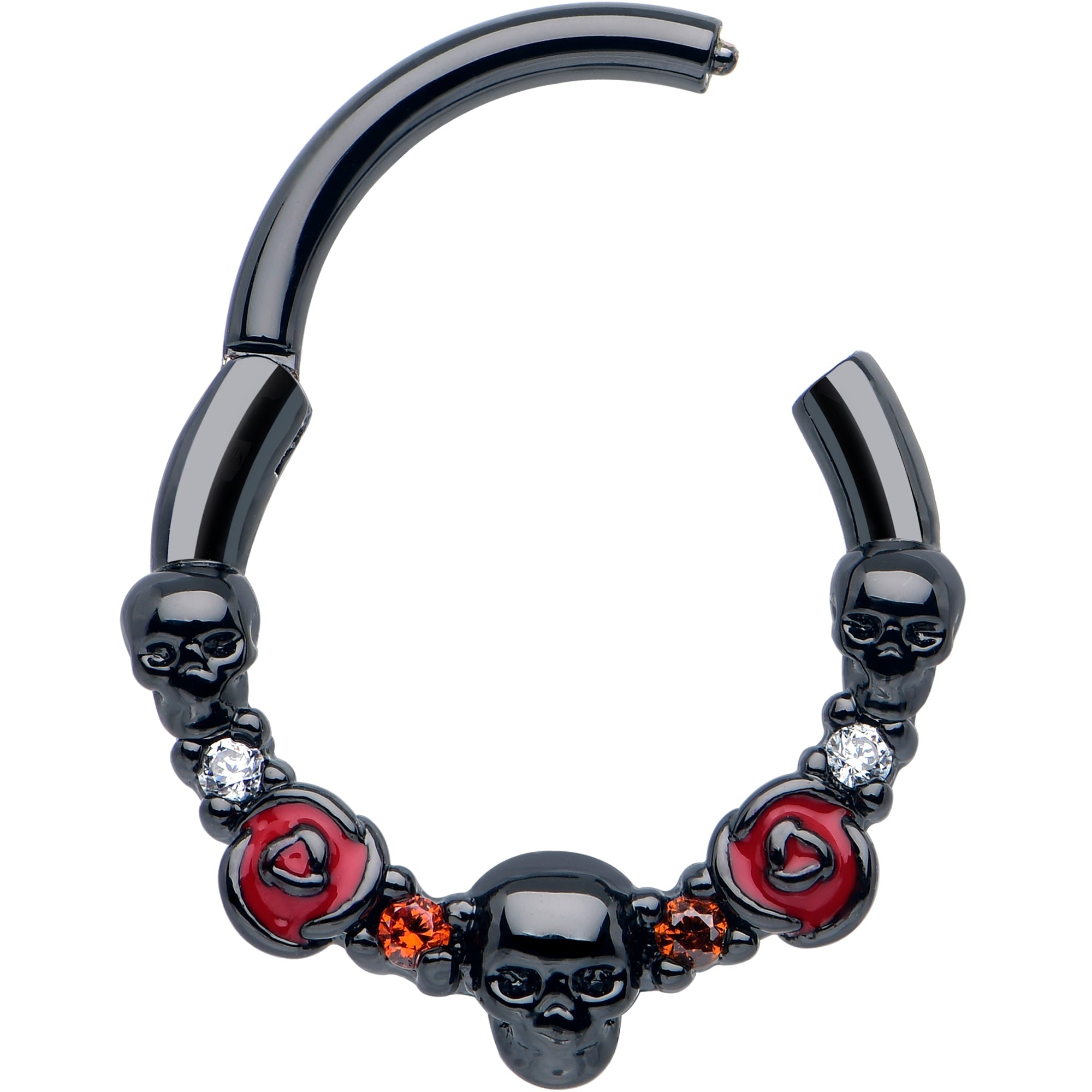 16G 3/8 Red Clear CZ Gem Black Skull Halloween Hinged Segment Ring
