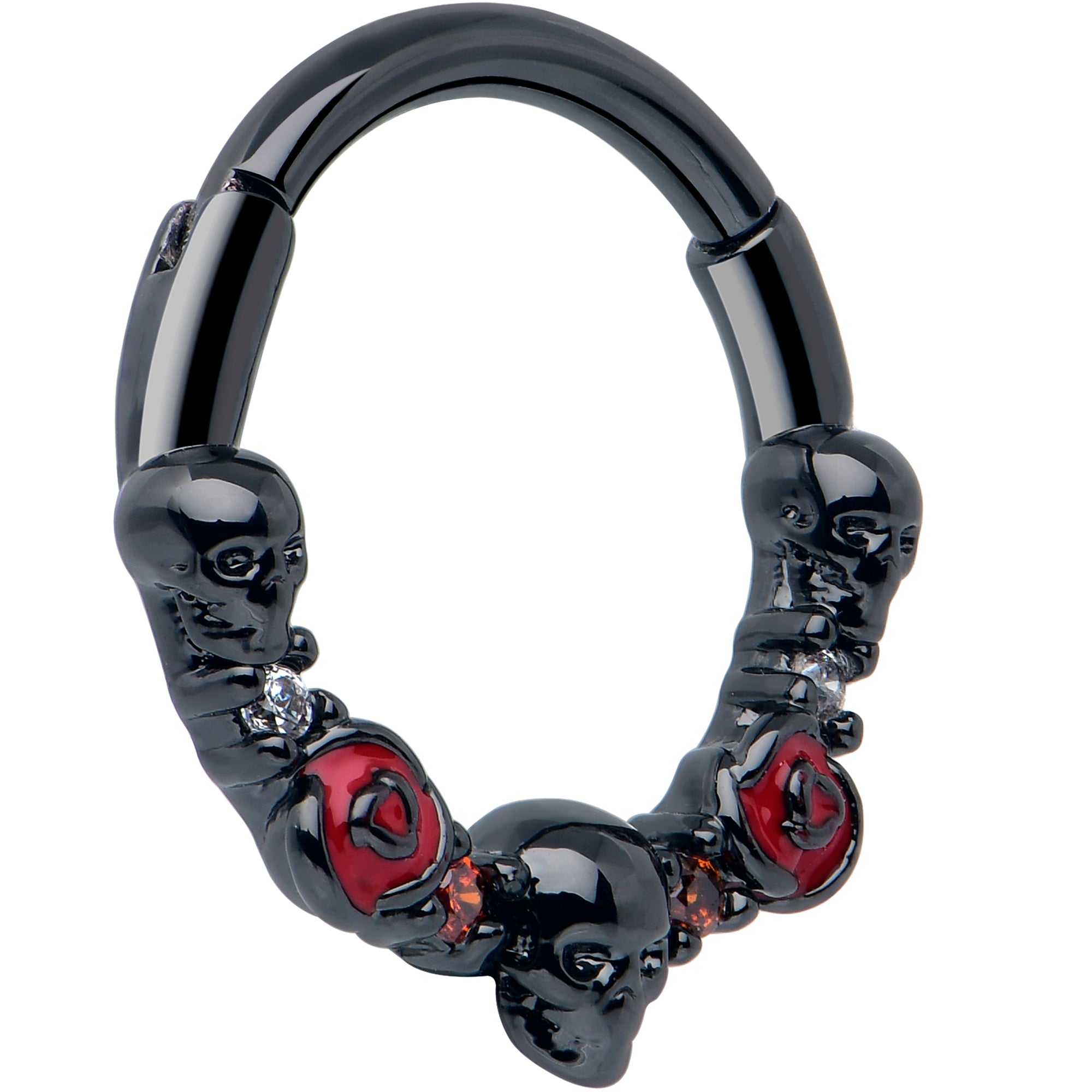 16G 3/8 Red Clear CZ Gem Black Skull Halloween Hinged Segment Ring