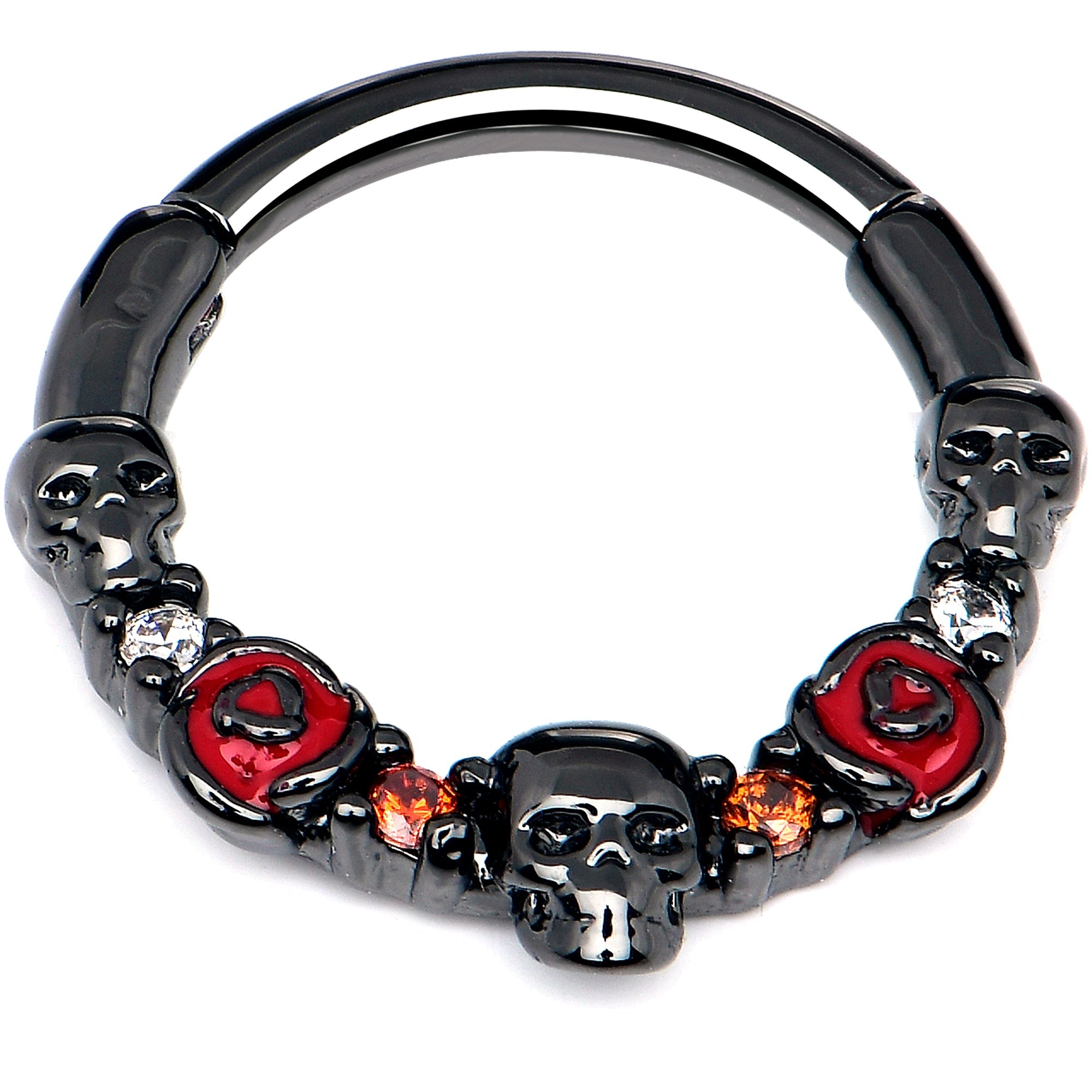 16G 3/8 Red Clear CZ Gem Black Skull Halloween Hinged Segment Ring