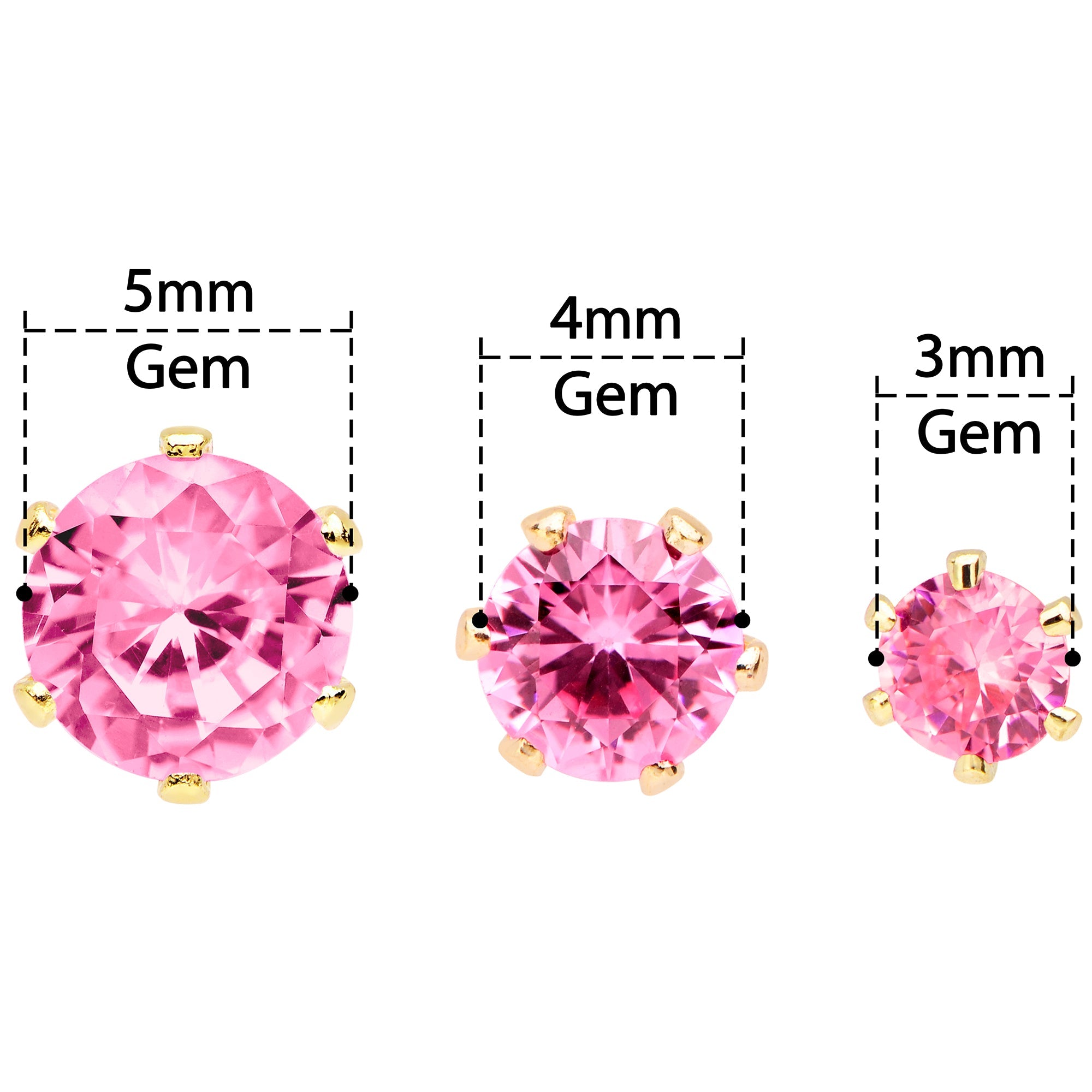 20G Pink CZ Gem Gold Tone 3mm to 5mm Post Stud Earring Set of 3