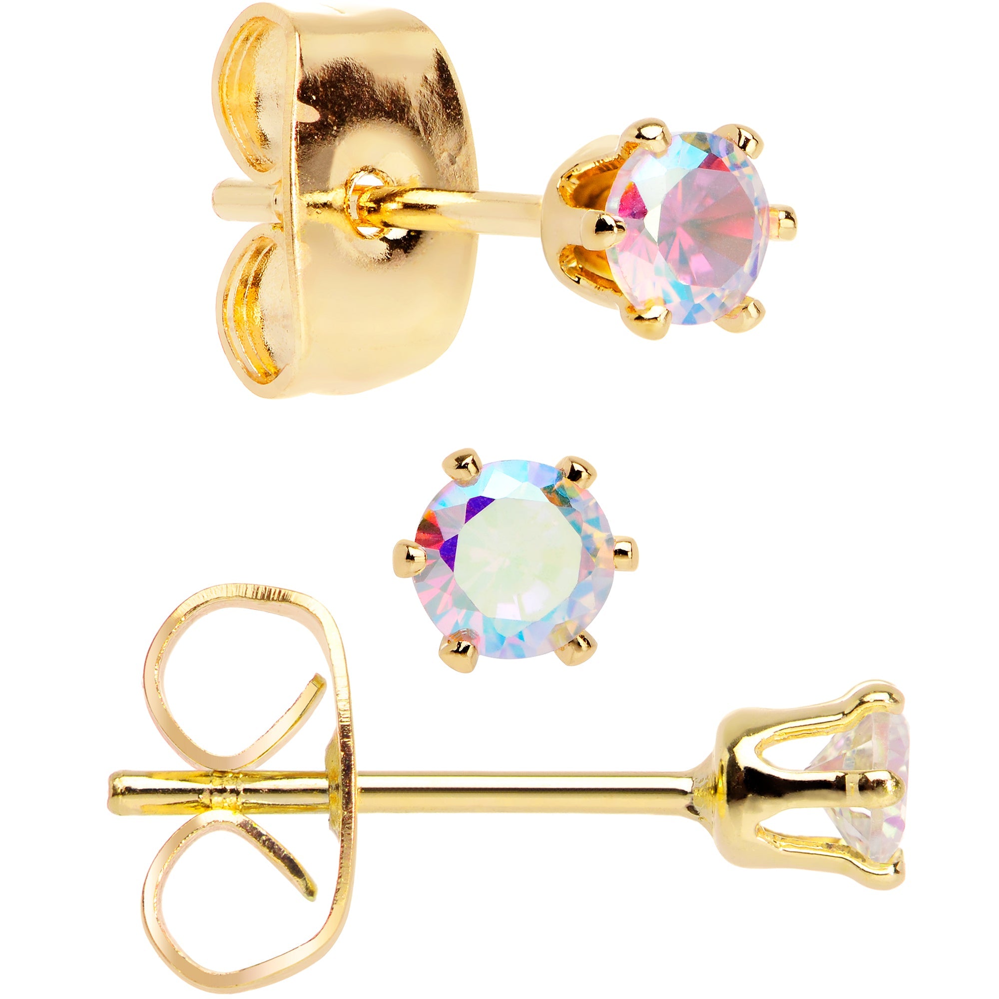 20G Aurora CZ Gem Gold Tone 3mm to 5mm Post Stud Earring Set of 3