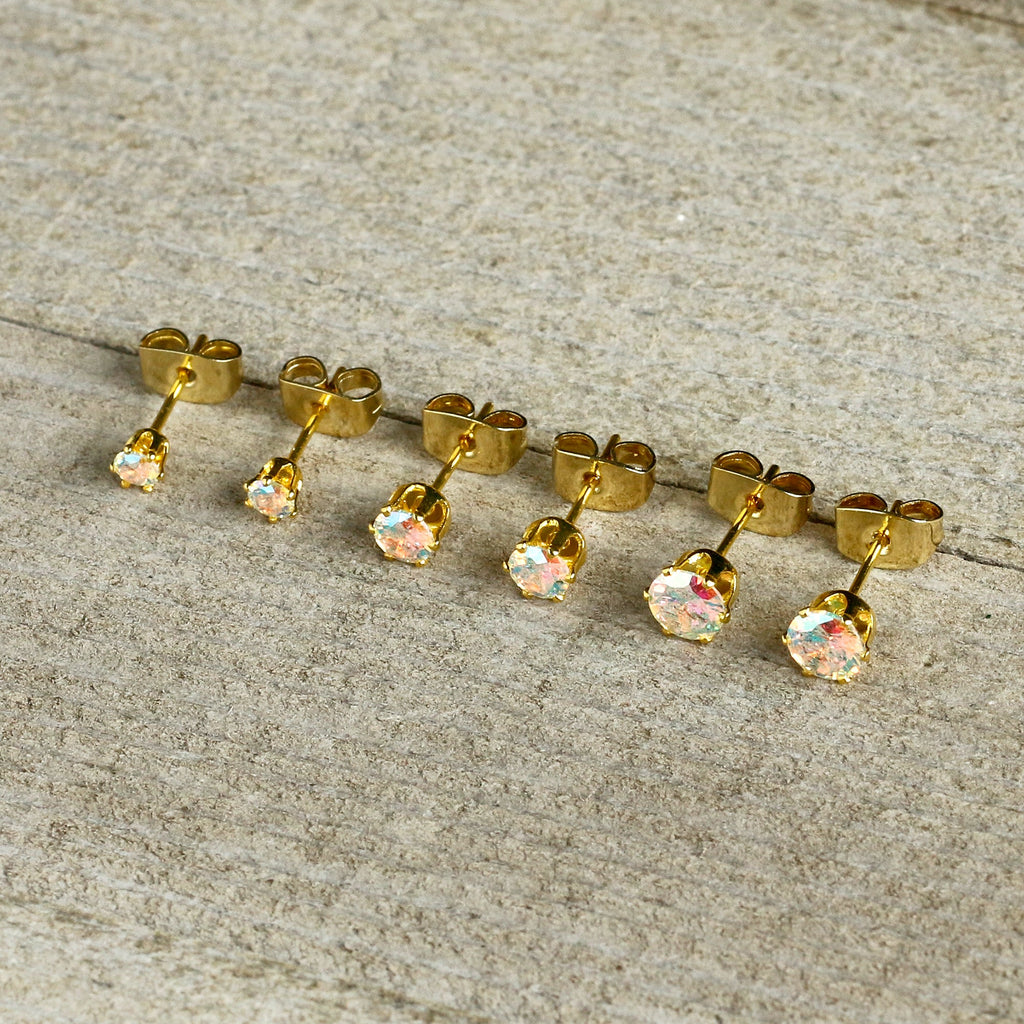 20G Aurora CZ Gem Gold Tone 3mm to 5mm Post Stud Earring Set of 3