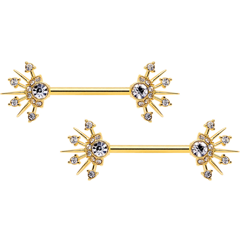 14G 5/8 Clear CZ Gem Gold Hue Elegant Crest Barbell Nipple Ring Set