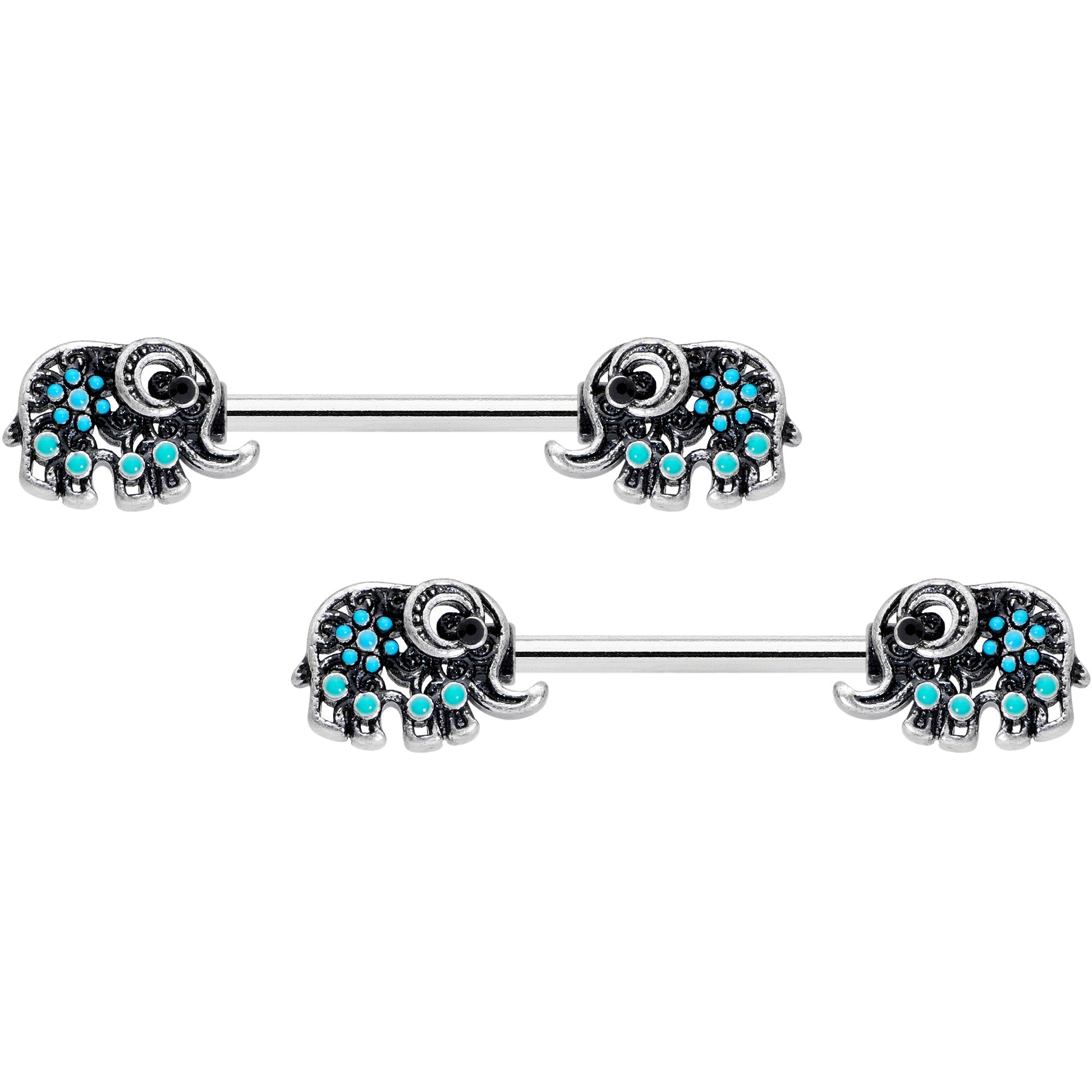 14G 9/16 Aqua Orb Curvy Elephant Barbell Nipple Ring Set