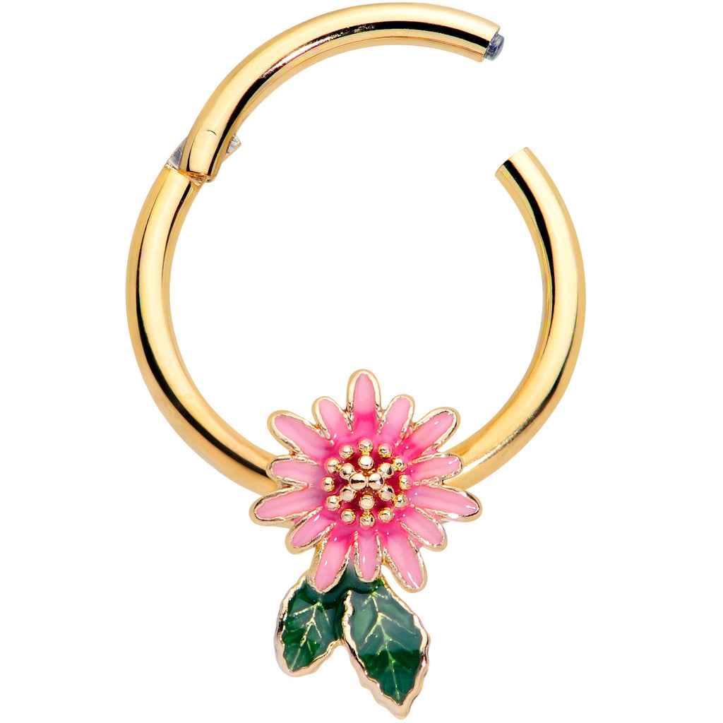 16G 3/8 Gold Tone Pink Spring Flower Hinged Segment Ring