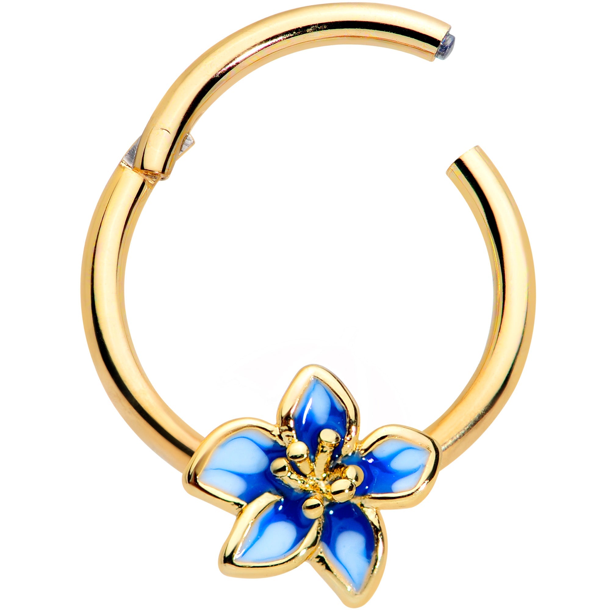 16G 3/8 Gold Tone White Blue Flower Hinged Segment Ring