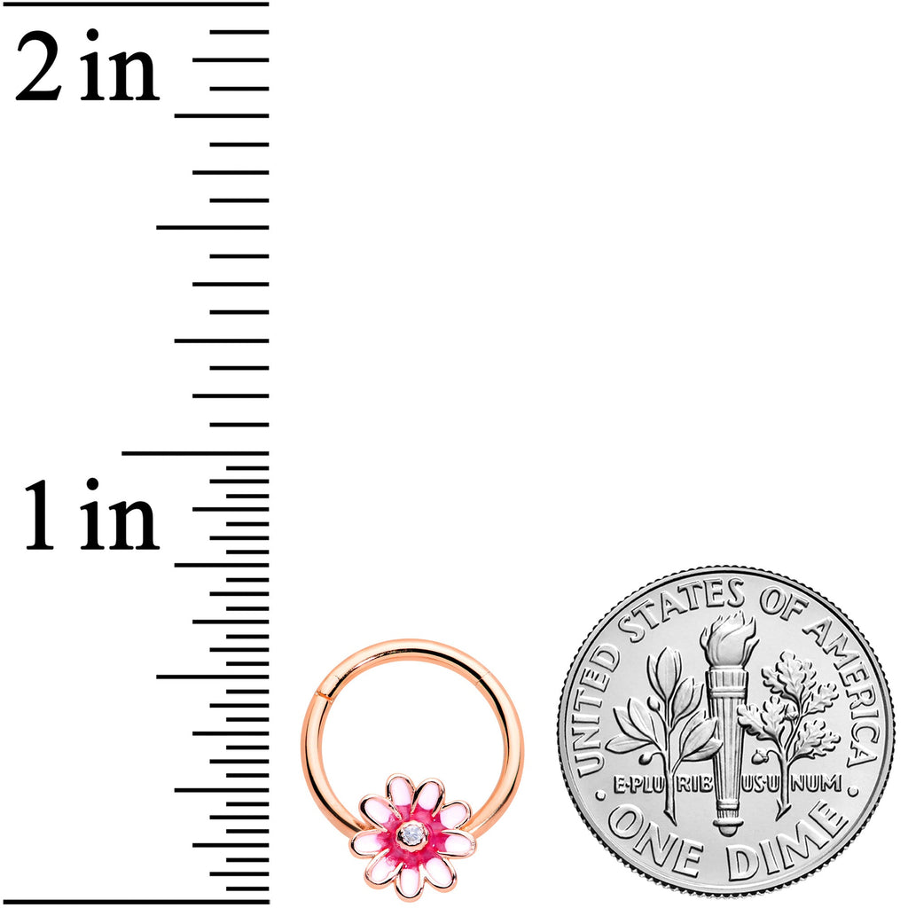 16G 3/8 Clear Gem Rose Gold Tone Pink Flower Hinged Segment Ring