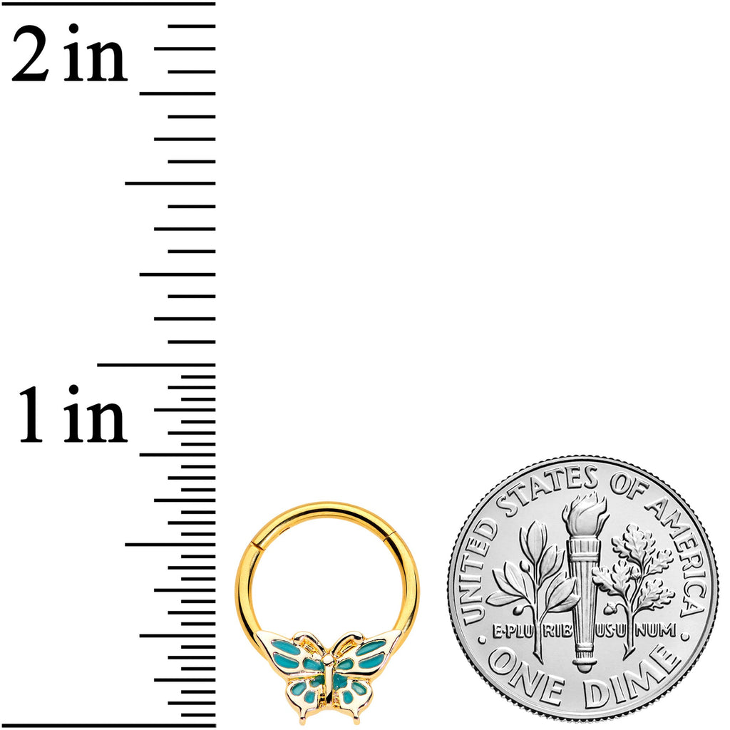 16G 3/8 Gold Tone Green Inlay Butterfly Hinged Segment Ring