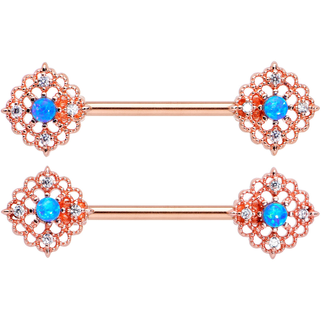 14G 9/16 Blue Synthetic Opal Rose Gold Tone Lacy Nipple Ring Set