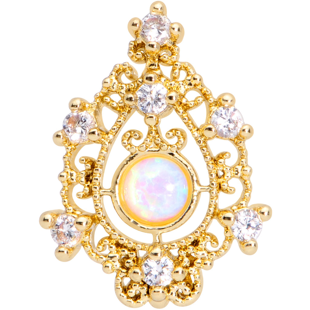20G 1/4 White Synthetic Opal Gold Tone Scrolling Oval Nose Bone