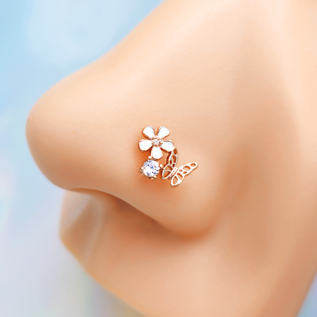 20G 1/4 Clear CZ Gem Rose Gold Tone Butterfly Flower Nose Bone