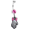 Pink Gem Skeleton Hand Bow Halloween Dangle Belly Ring