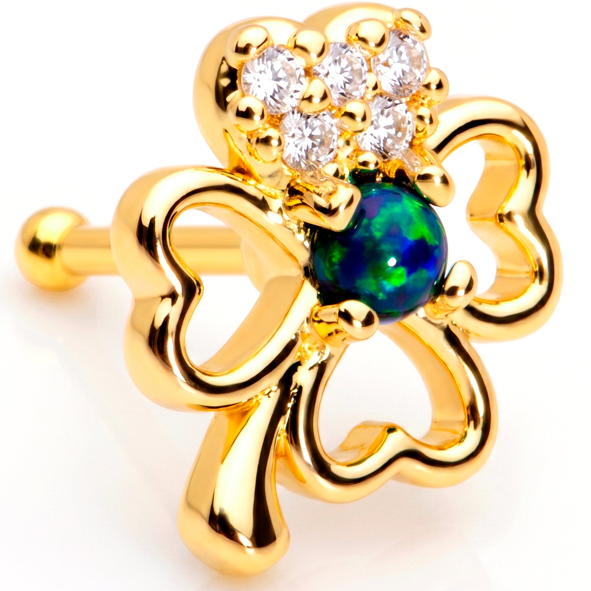 20G 1/4 Green Synthetic Opal Gold Tone Shamrock St Pats Nose Bone