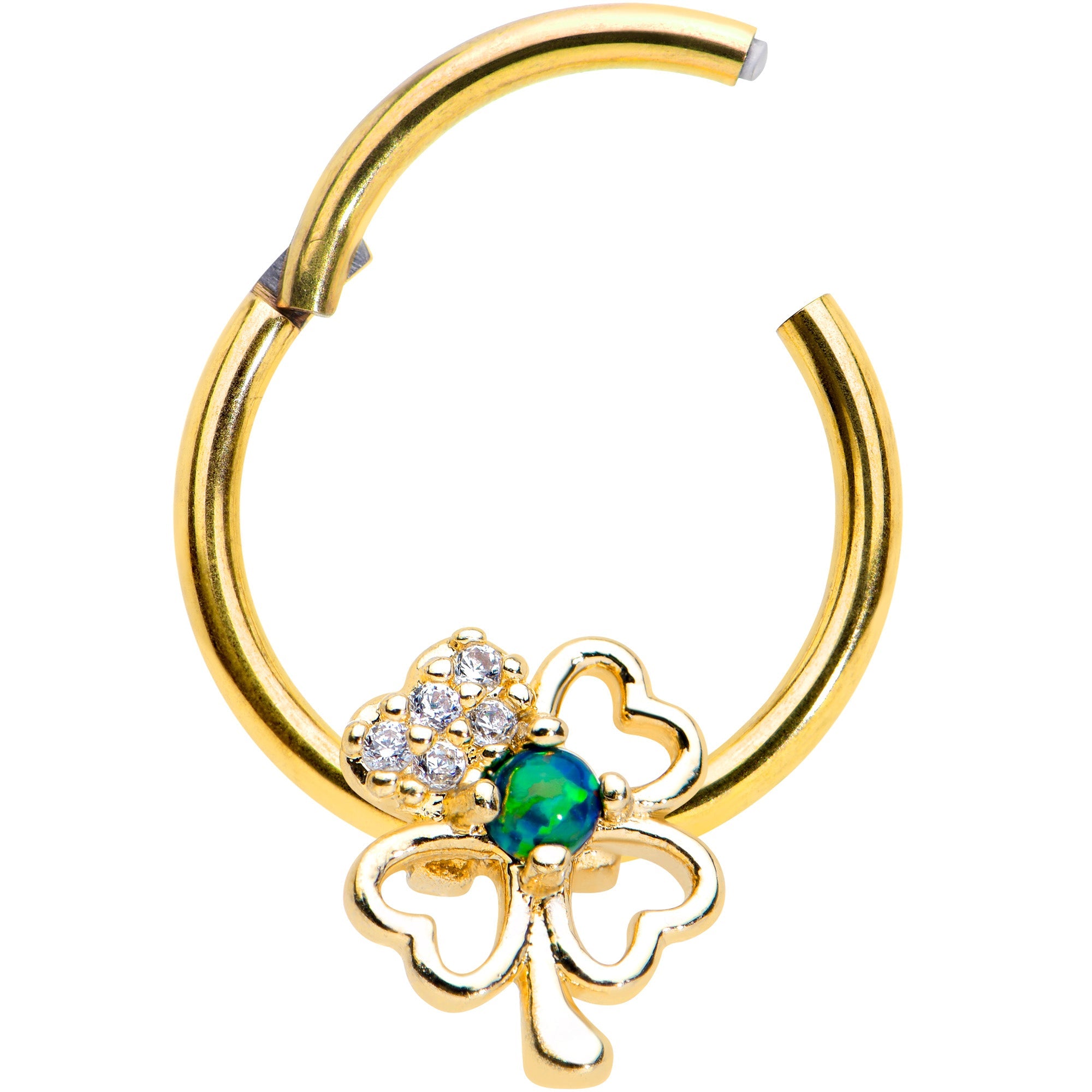 16G 3/8 Green Synth Opal Gold Hue Shamrock Hinged Segment Ring