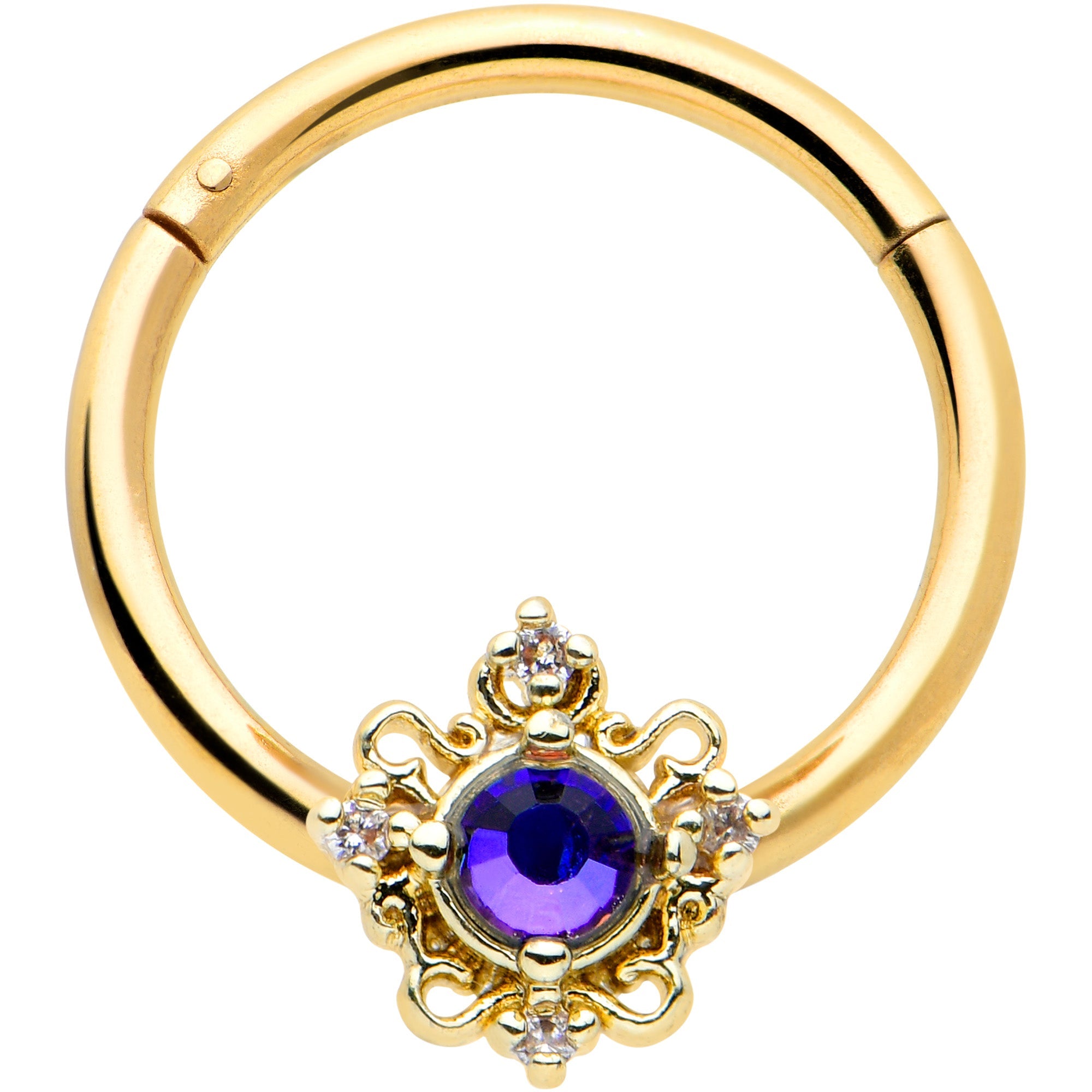16G 3/8 Purple Tourmaline Gold Tone Filigree Hinged Segment Ring