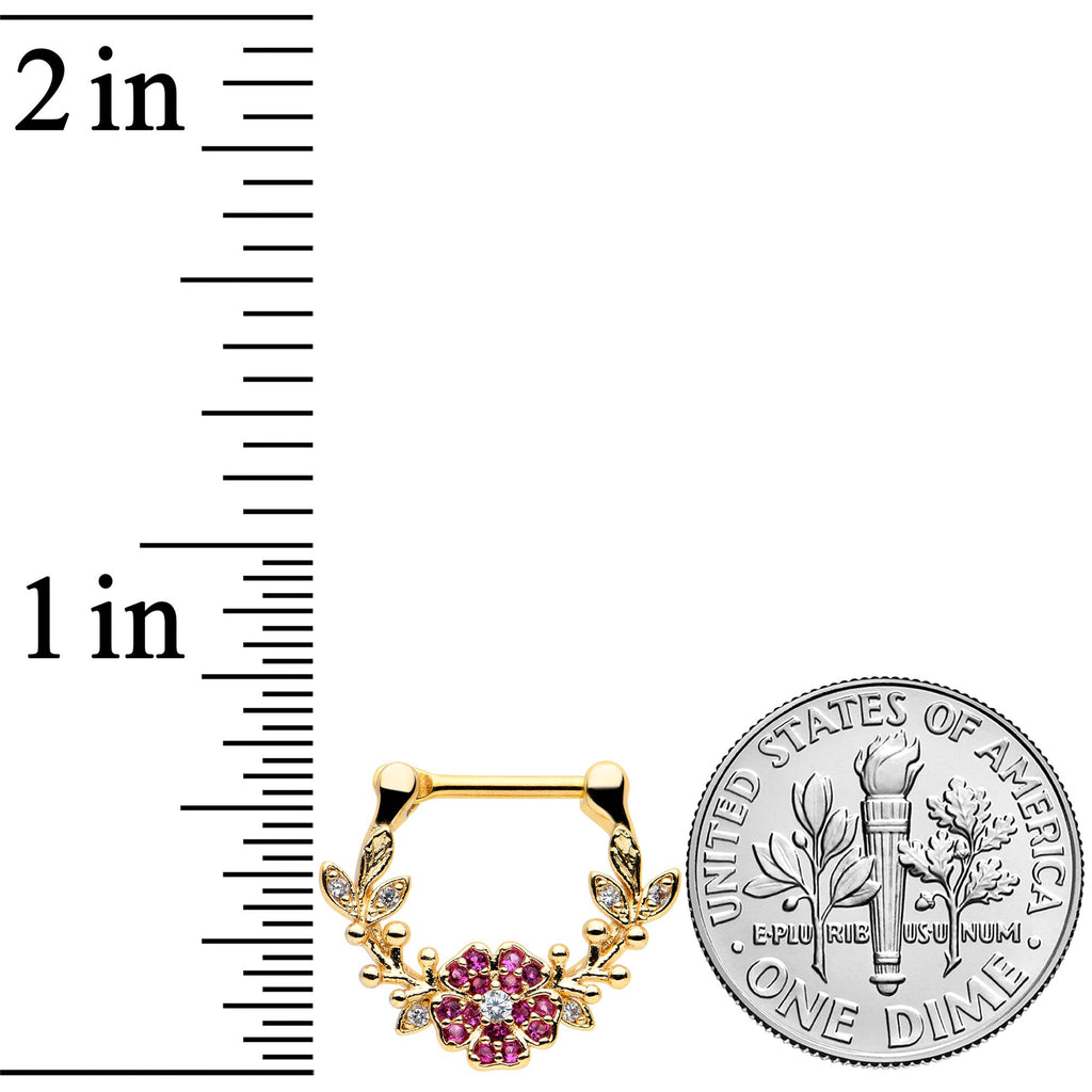 16G 5/16 Clear Pink Gem Gold Tone Floral Vine Cartilage Clicker