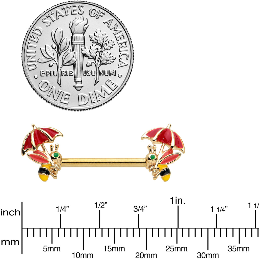 14G 9/16 Gold Tone Rainy Day Umbrella Bee Barbell Nipple Ring Set