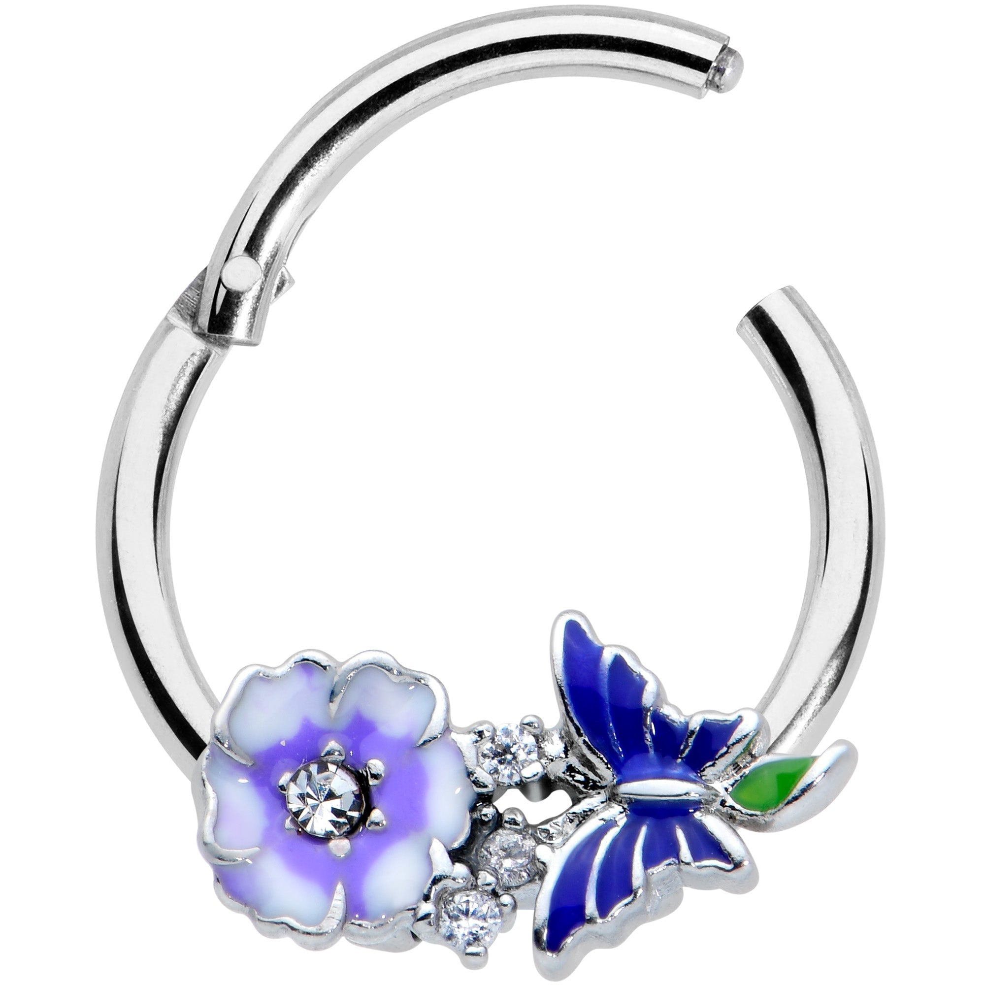 16G 3/8 Clear CZ Gem Flower Blue Butterfly Hinged Segment Ring