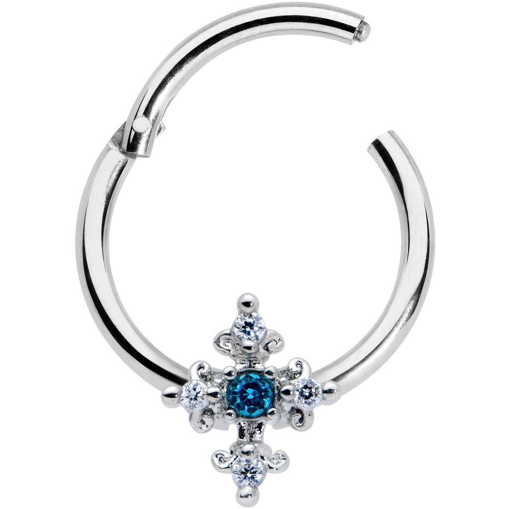 16G 3/8 Clear Blue Gem Renaissance Cross Hinged Segment Ring