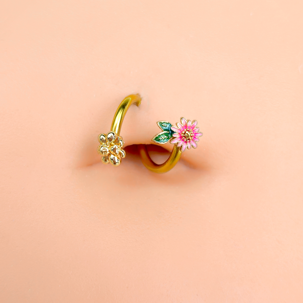 Gold Tone Pink Flower Bee Spiral Twister Belly Ring