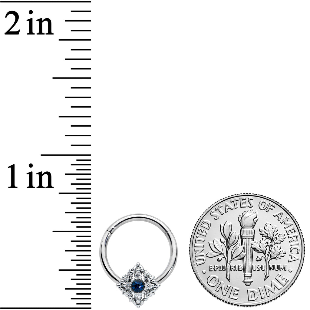 16G 3/8 Clear Blue Gem Textured Rhombus Cross Hinged Segment Ring