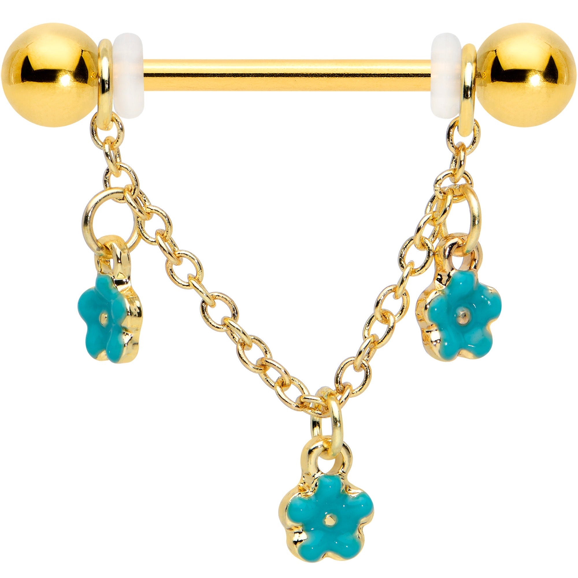 14G 9/16 Gold Tone Blue Flowers Chain Dangle Nipple Ring Set
