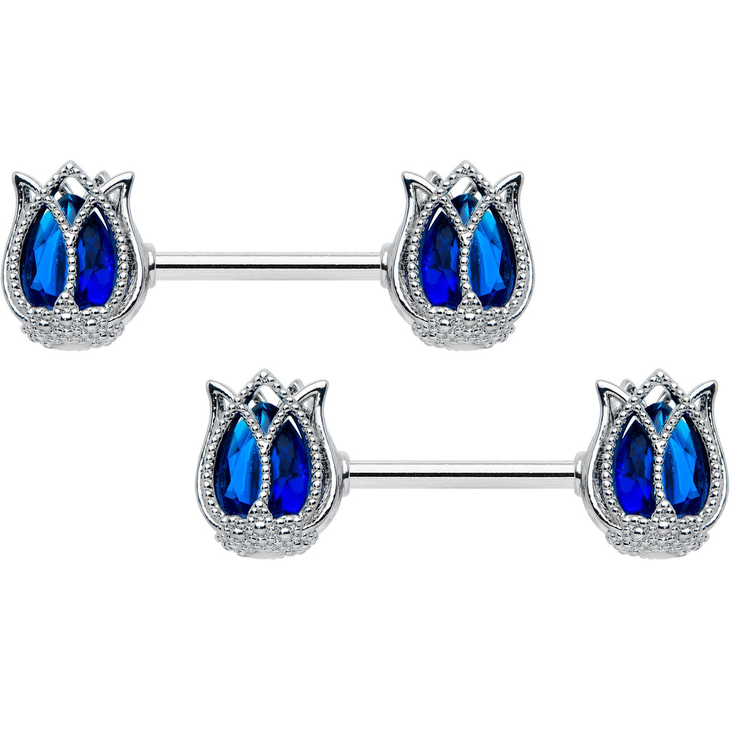 14G 9/16 Blue Gem Tulip Flower Barbell Nipple Ring Set