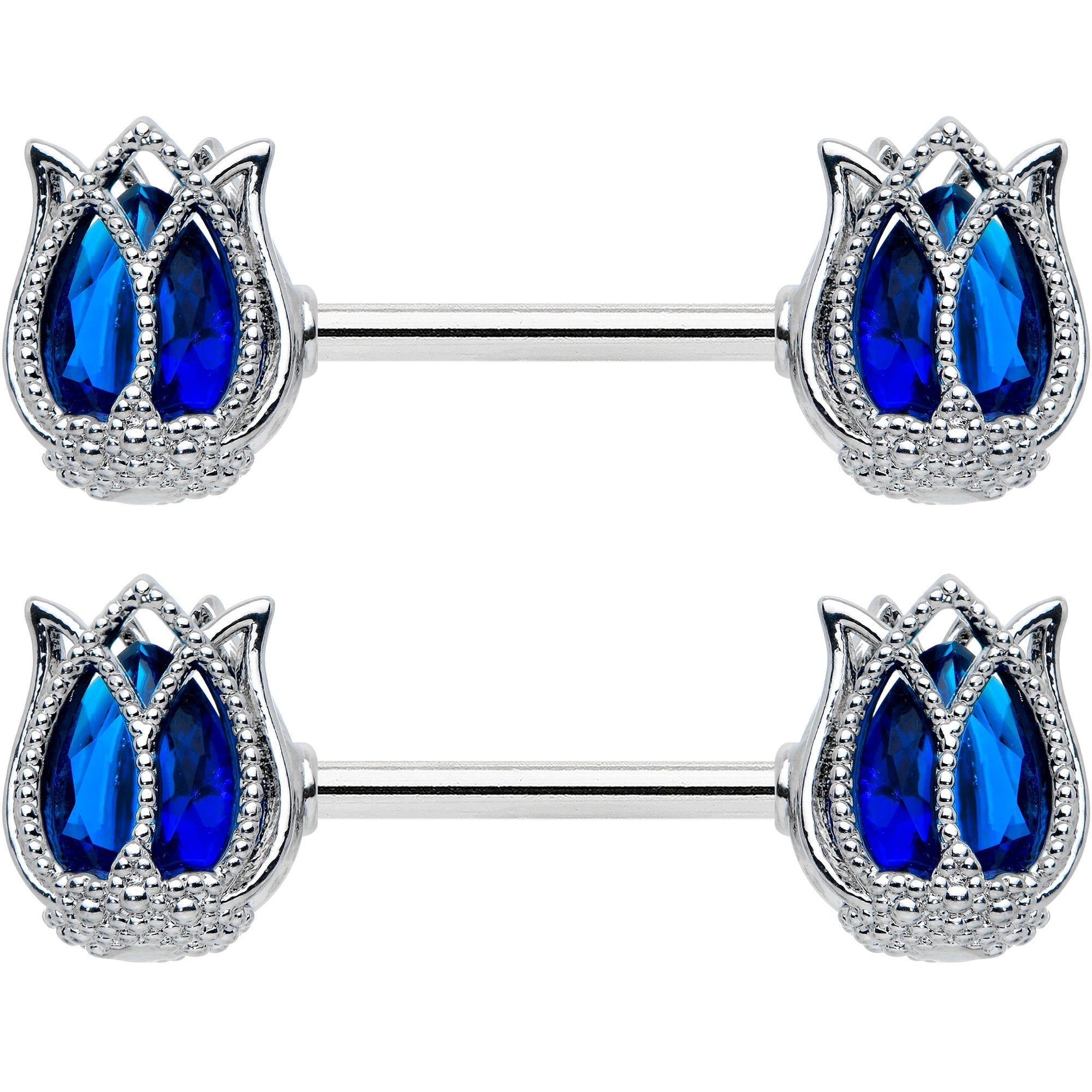 14G 9/16 Blue Gem Tulip Flower Barbell Nipple Ring Set