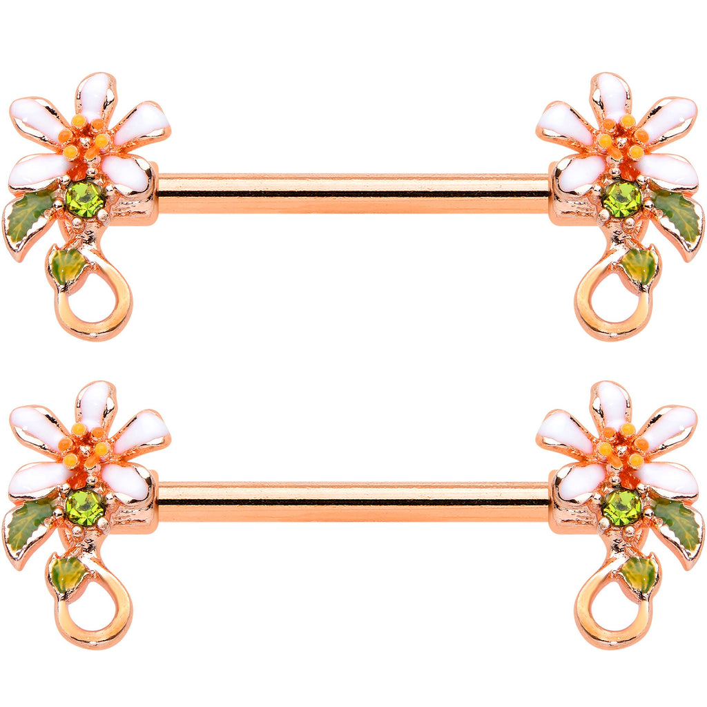 14G 9/16 Green Gem Rose Gold Tone Orange Flower Nipple Ring Set