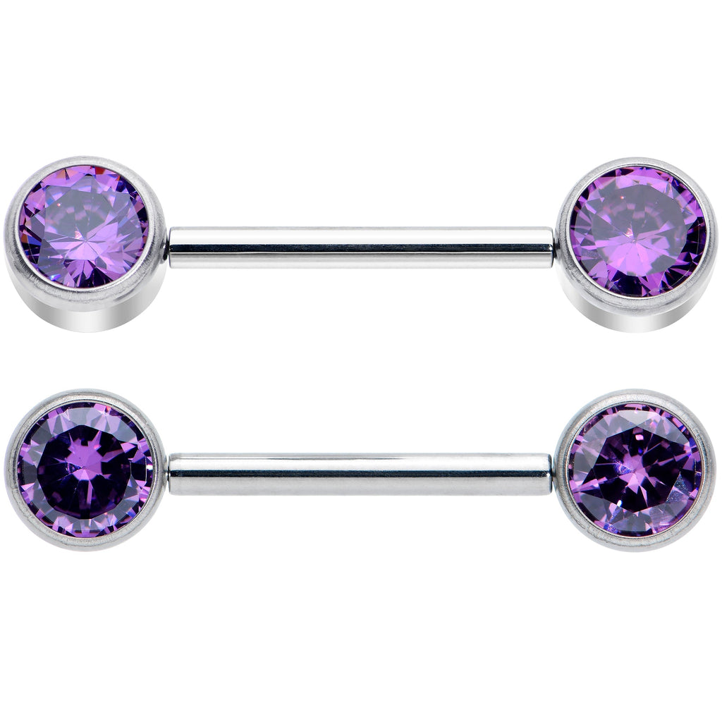 14G 9/16 Purple CZ Gem G23 Titanium Threadless Nipple Ring Set