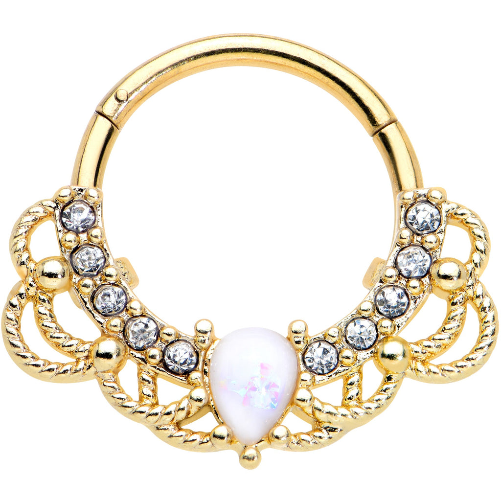 16G 3/8 White Faux Opal Gold Tone Lace Lover Hinged Segment Ring