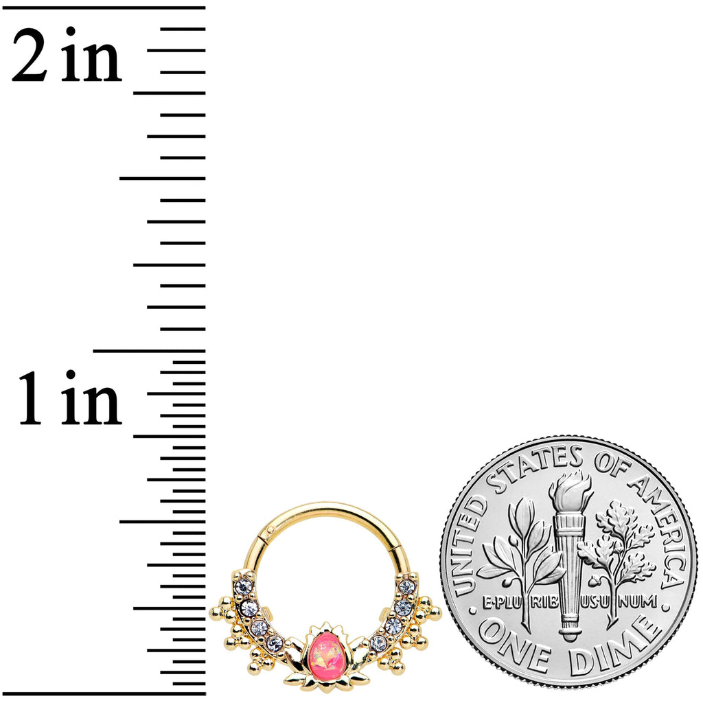 16G 3/8 Pink Faux Opal Gold Tone Style Lotus Hinged Segment Ring