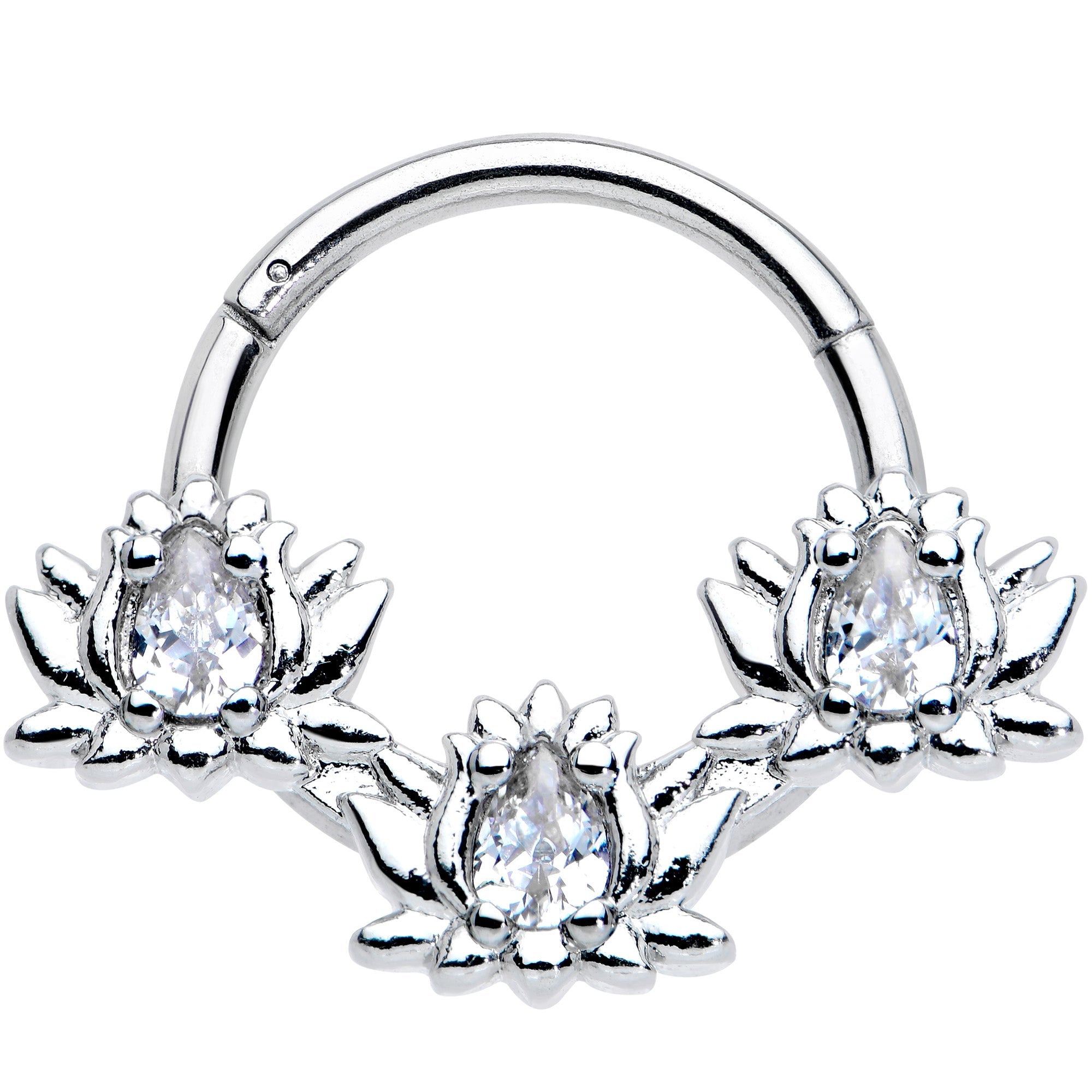 16G 3/8 Clear CZ Gem Triple Lotus Hinged Segment Ring