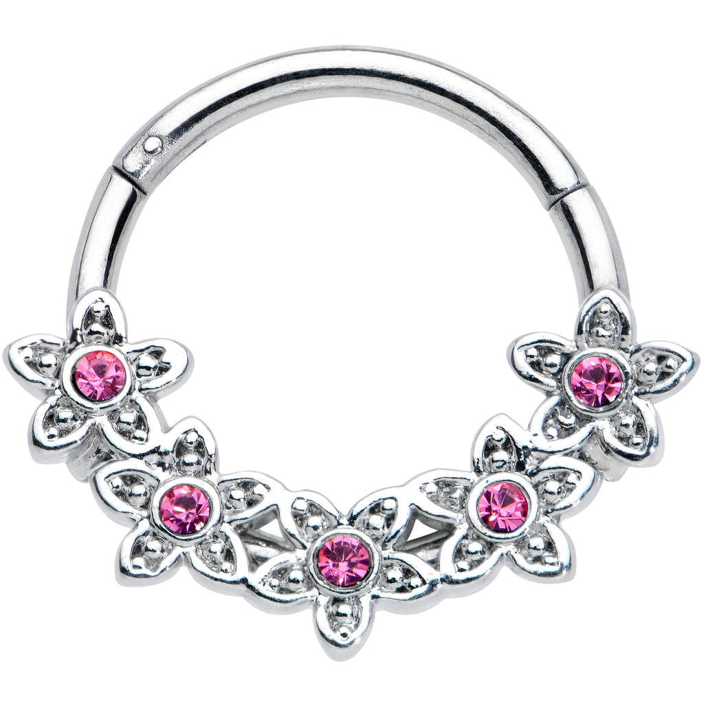 16G 3/8 Pink Gem Foxy Floral Hinged Segment Ring