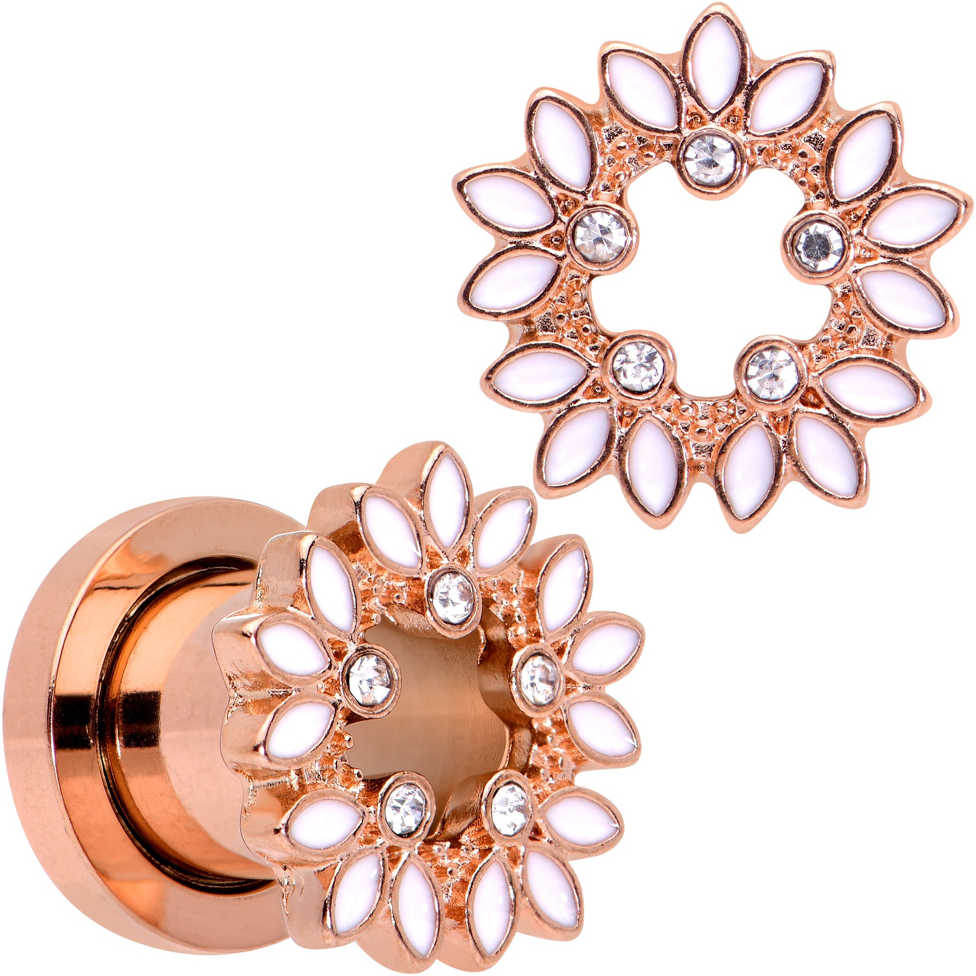 2G Clear Gem Rose Gold Hue White Leaves Screw Fit Tunnel Plug Set