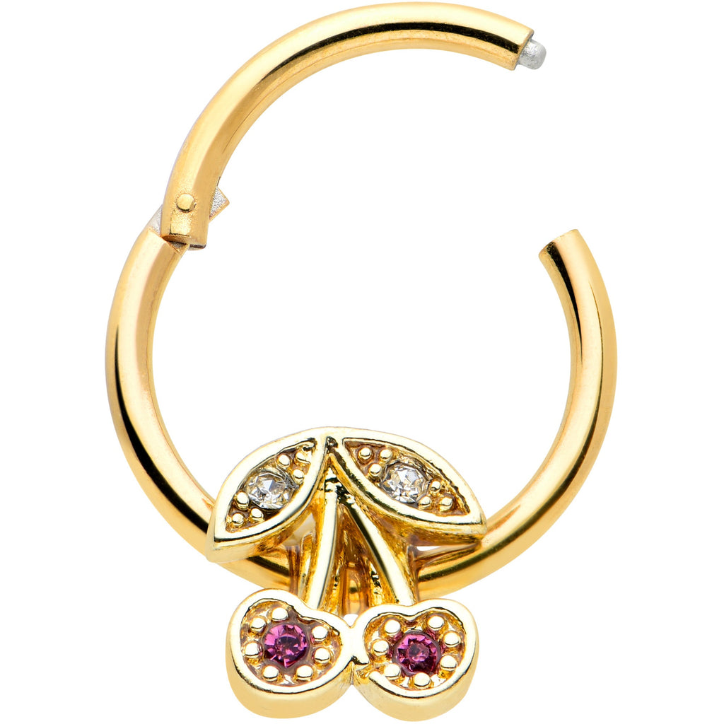 16G 3/8 Clear Purple Gem Gold Tone Cherries Hinged Segment Ring