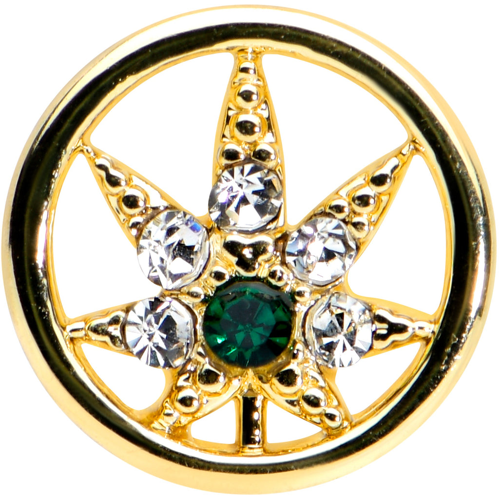 16G 1/4 Clear Green Gem Gold Hue Pot Leaf Circle Cartilage Tragus