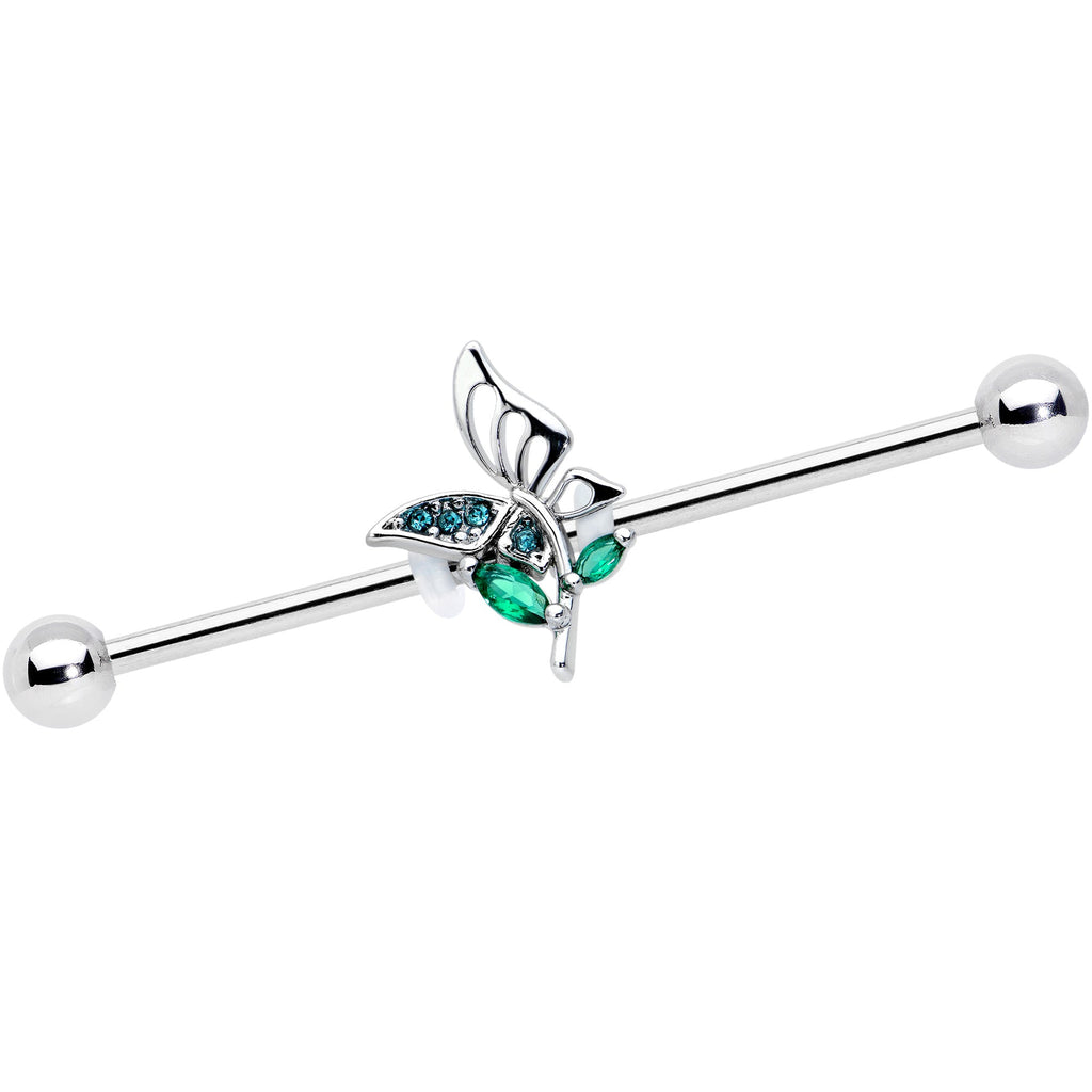 14G Blue Green Gem Floral Butterfly Industrial Barbell 38mm