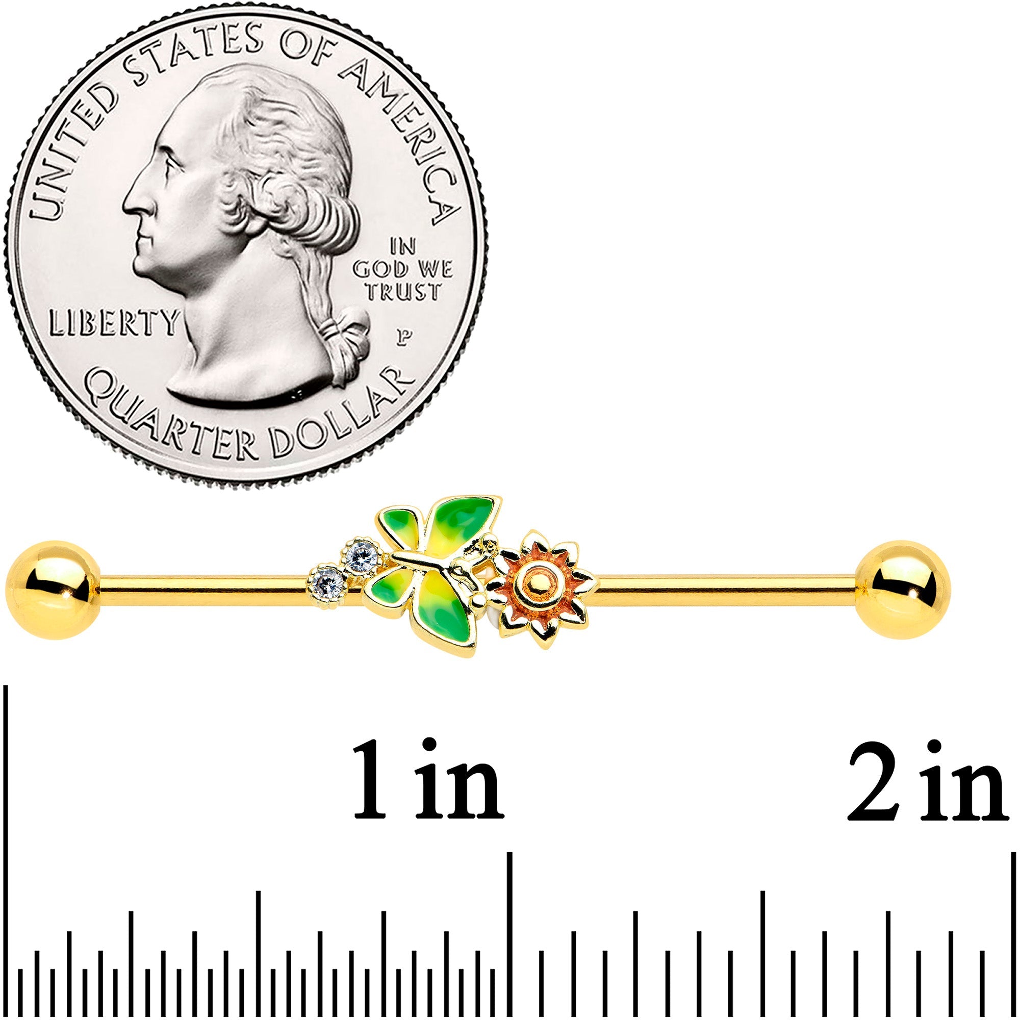 14G Clear CZ Gem Gold Tone Sun Butterfly Industrial Barbell 38mm