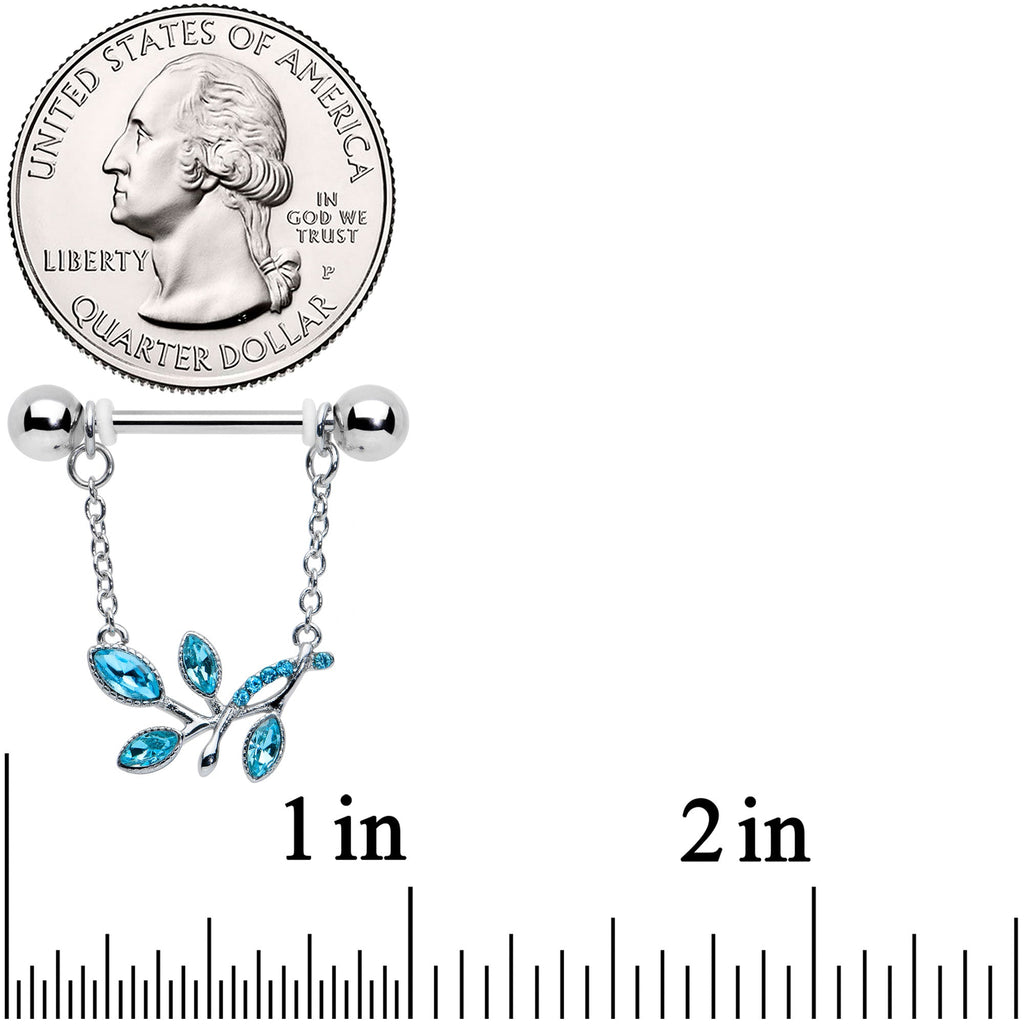 14G 9/16 Blue Gem Leaves of Love Chain Dangle Nipple Ring Set